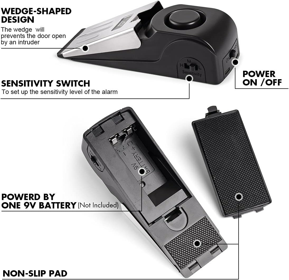 Portable Door Stop Alarm, 125dB Burglar Sensor Alarm, Security Door Block System