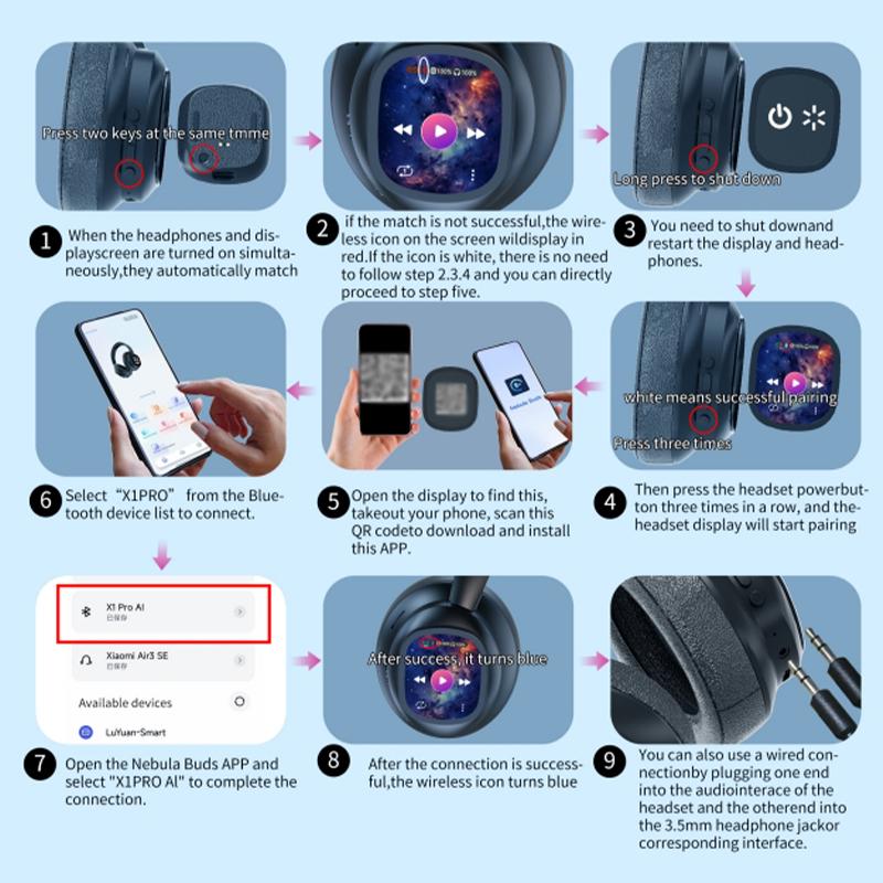 HYUNDAI X1 Pro Wireless Headphones with Translator and LCD Touch Screen